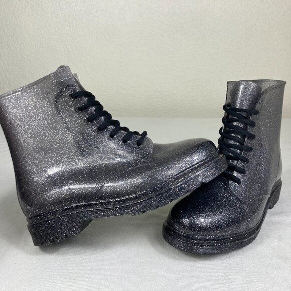 Urban Outfitters Lemons Glitter Clear Rubber Combat Boots Women’s 8 + Extra Lace - Picture 1 of 11